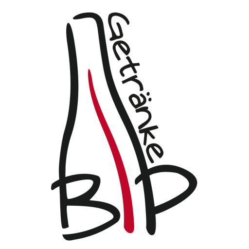 Schwarz-weiße Linienzeichnung einer stilisierten Flasche mit rotem Strich und dem Schriftzug 'Getränke BP'.