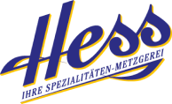 Blau-gelbe Schrift mit dem Wort 'Hess' in kursiver Schreibschrift, darunter kleinere, schwer lesbare Textzeile.