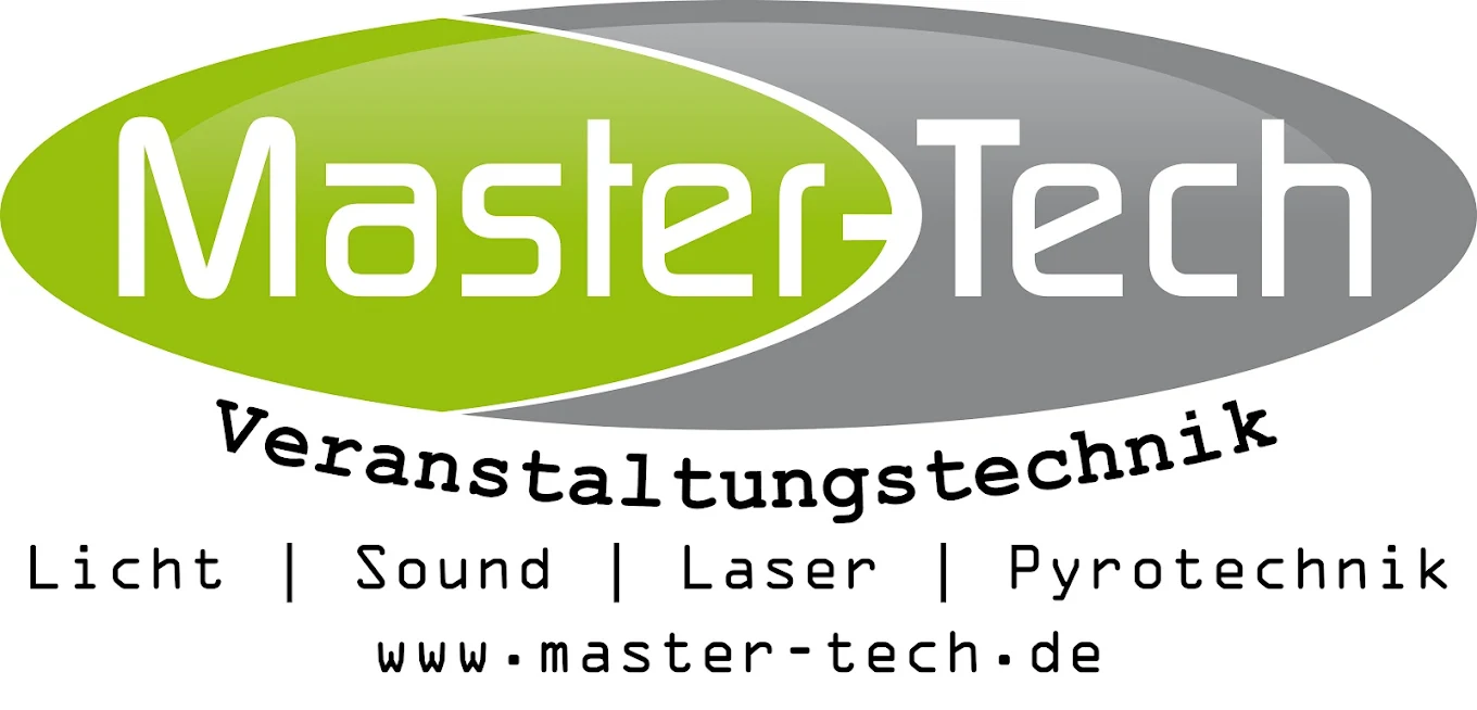 Grünes und graues Logo mit dem Schriftzug 'MasterTech' und darunter die Wörter 'Veranstaltungstechnik', 'Licht | Sound | Laser | Pyrotechnik' sowie die Webadresse 'www.master-tech.de'.